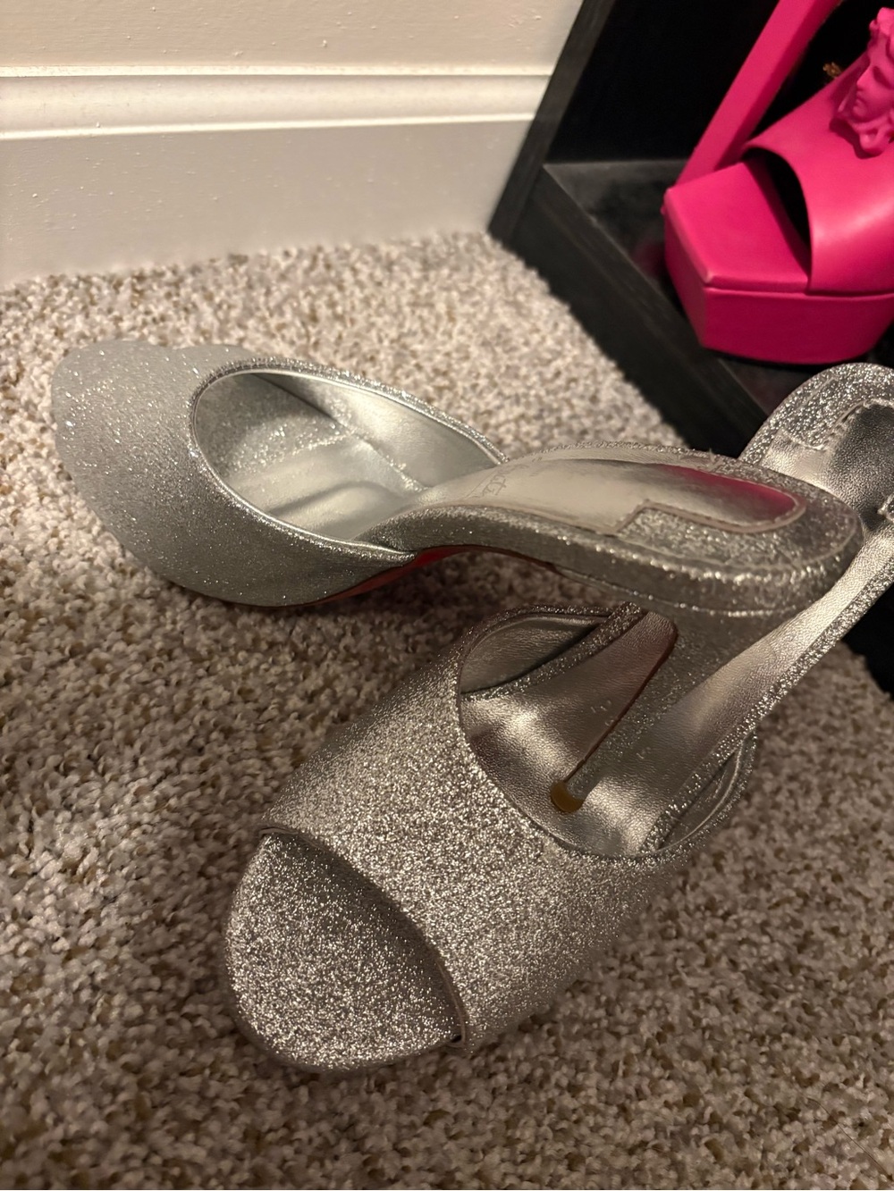Christian Louboutin Silver Glitter Peep-Toe High Heels